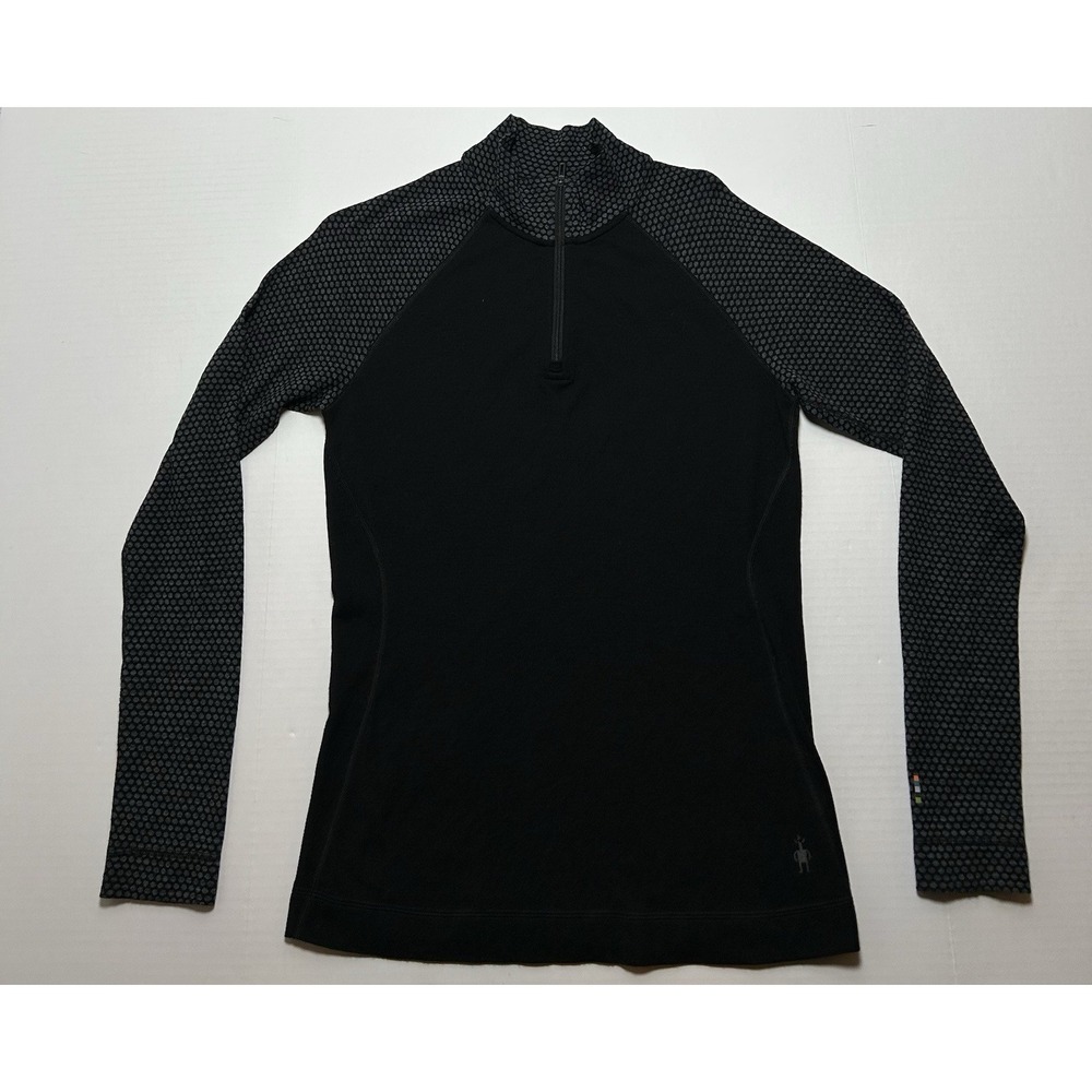 Smartwool Women's Merino Wool 1/4 Zip Base Layer Pullover Black Size Large HOLE!